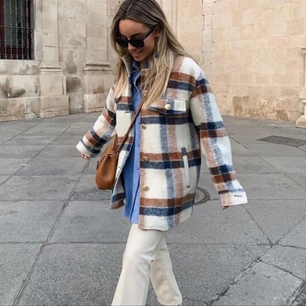 ZARA Women’s Wool Blend Plaid Coat Gold Buttons Cream Brown Blue Sz S